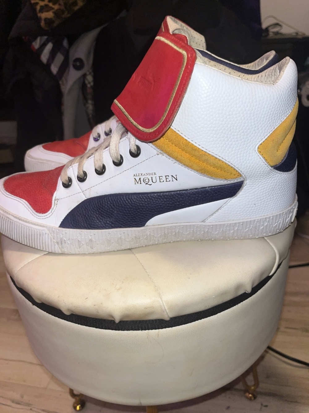 Alexander McQueen White High-Top Sneakers with Red, Navy & Yellow Accents